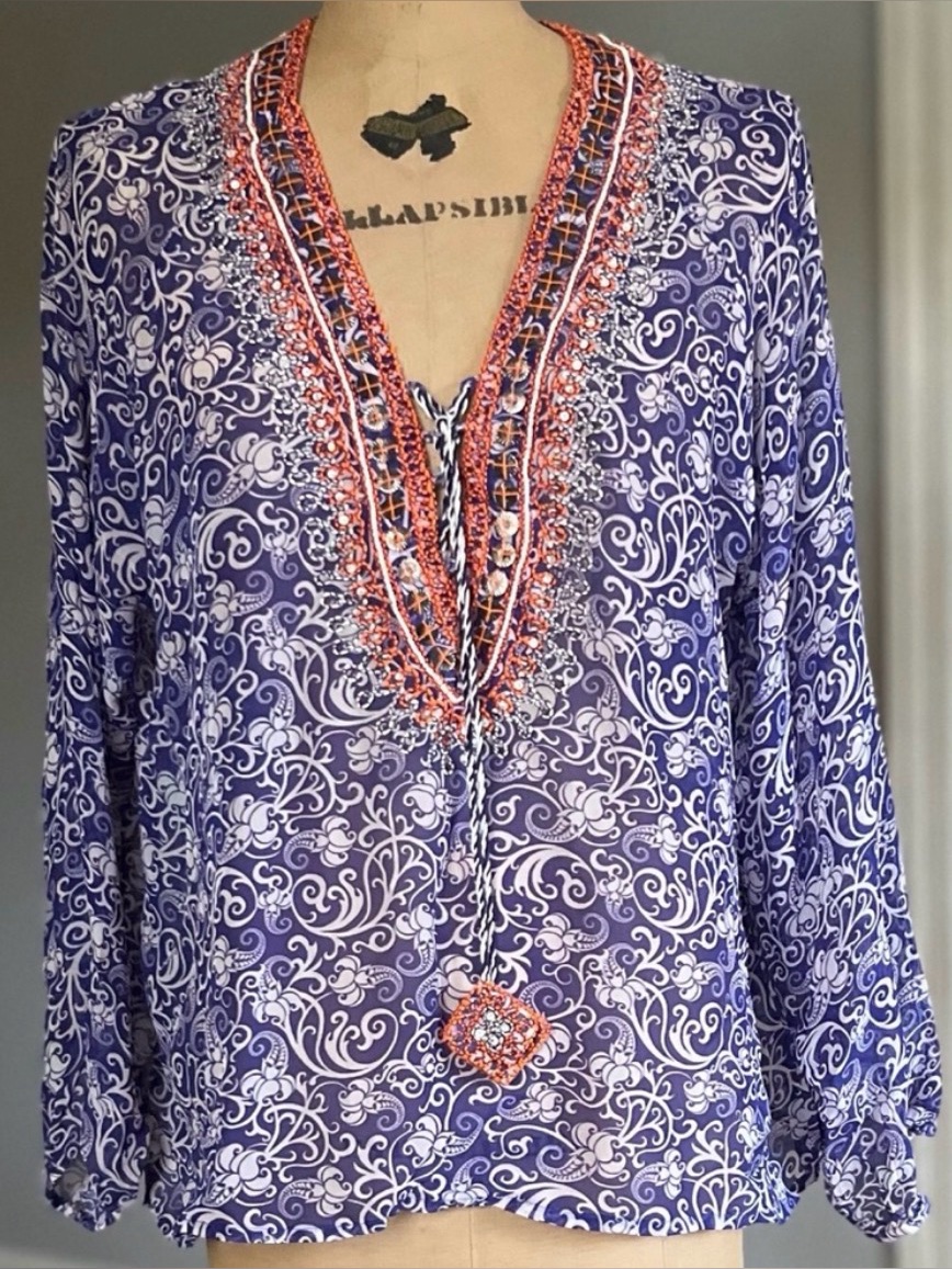 Taj Sabrina Crippa Beaded 100% Silk Lightweight Top Xs